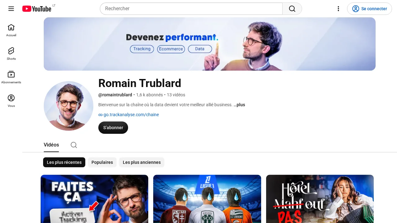トラッキング、EC、データに関するバナーが表示されたRomain TrublardのYouTubeチャンネル