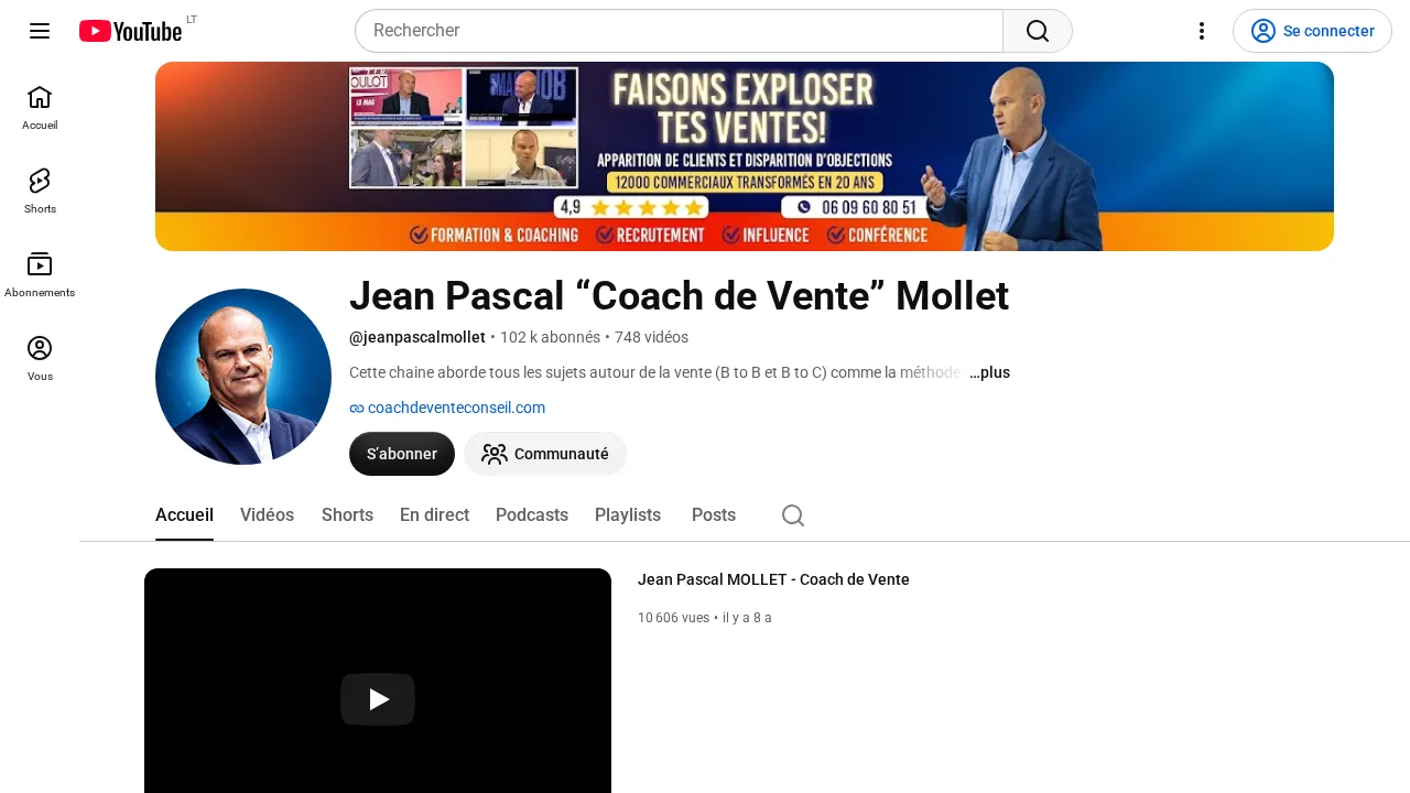 Jean Pascal Coach de Vente Mollet の YouTube チャンネル。「Faisons exploser tes ventes」と書かれたバナー
