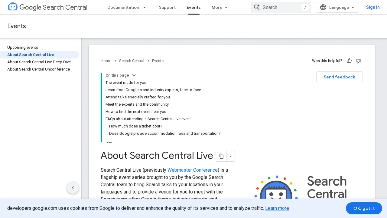Pagina About Search Central Live op de site van Google Search Central, met de inhoudsopgave en het logo van Search Central