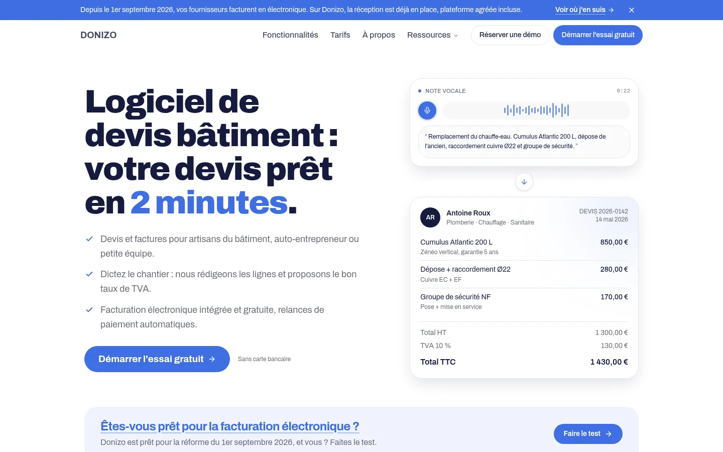 Startseite der Software Donizo