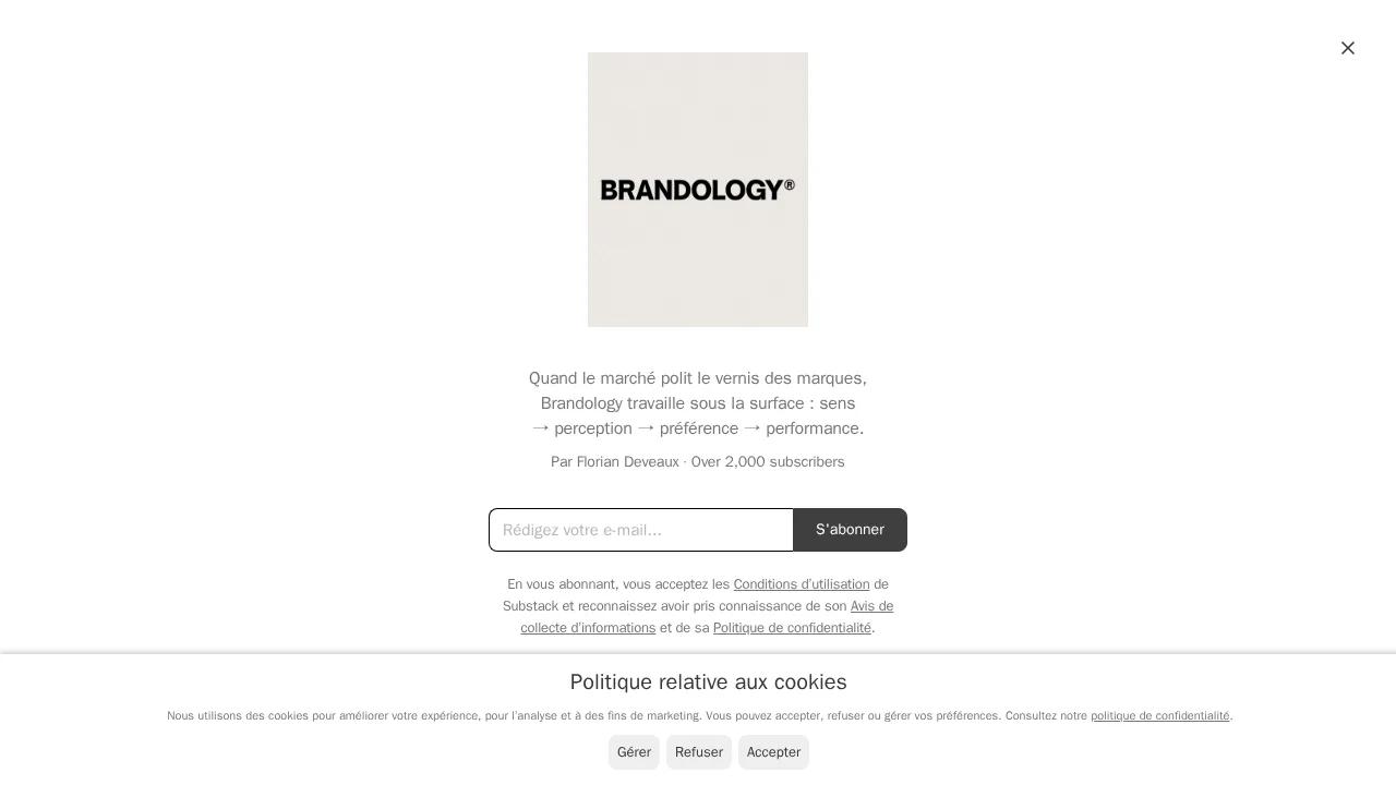 Florian Deveaux のニュースレター Brandology の Substack 登録ページ。意味から認知、選好、成果へというキャッチコピーが掲げられている