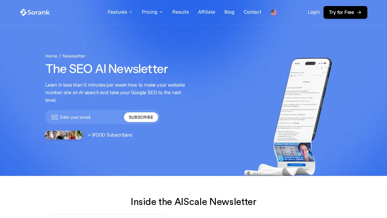 Сторінка The SEO AI Newsletter на Sorank з полем для email, понад 9000 підписників і телефоном, на якому відкрито випуск