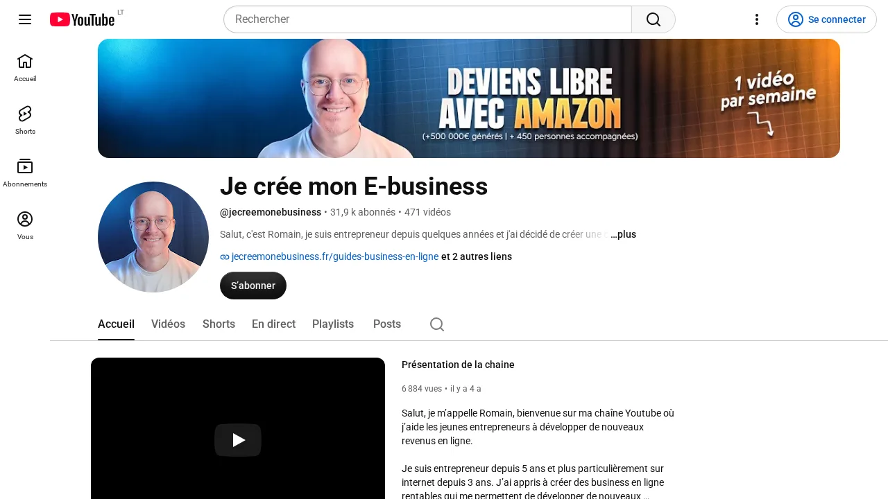 YouTube 채널 Je crée mon E-business로, Deviens libre avec Amazon 문구와 주 1편 영상을 알리는 배너가 있음