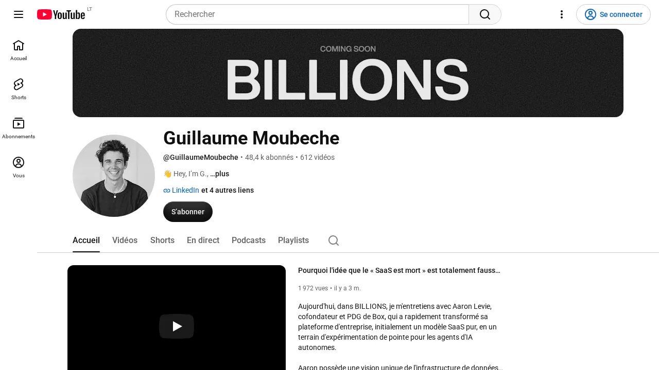 BILLIONS를 알리는 배너가 있는 Guillaume Moubeche의 YouTube 채널