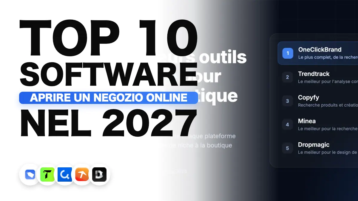 Copertina della classifica dei 5 migliori strumenti e-commerce per aprire un negozio nel 2027, con OneClickBrand al primo posto