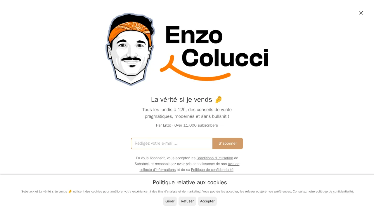 일러스트 초상화와 La vérité si je vends라는 제목이 있는 Enzo Colucci의 Substack 뉴스레터 구독 페이지