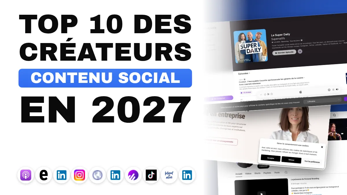 Un smartphone posé sur un bureau affichant un fil de réseau social, à côté d'un casque qui diffuse un podcast et d'un ordinateur portable ouvert sur une newsletter, avec des notes sur un carnet à côté.