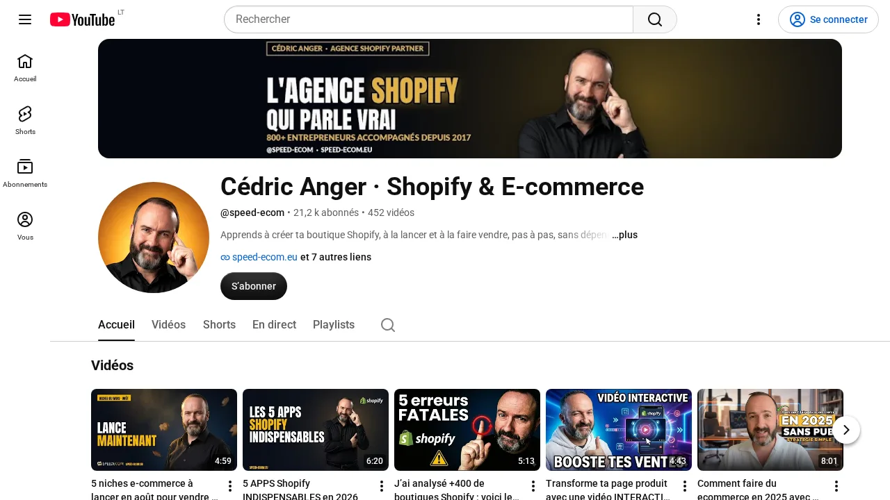 Shopify 스토어 시작과 성장에 관한 영상이 있는 Shopify와 이커머스 주제의 Cédric Anger YouTube 채널