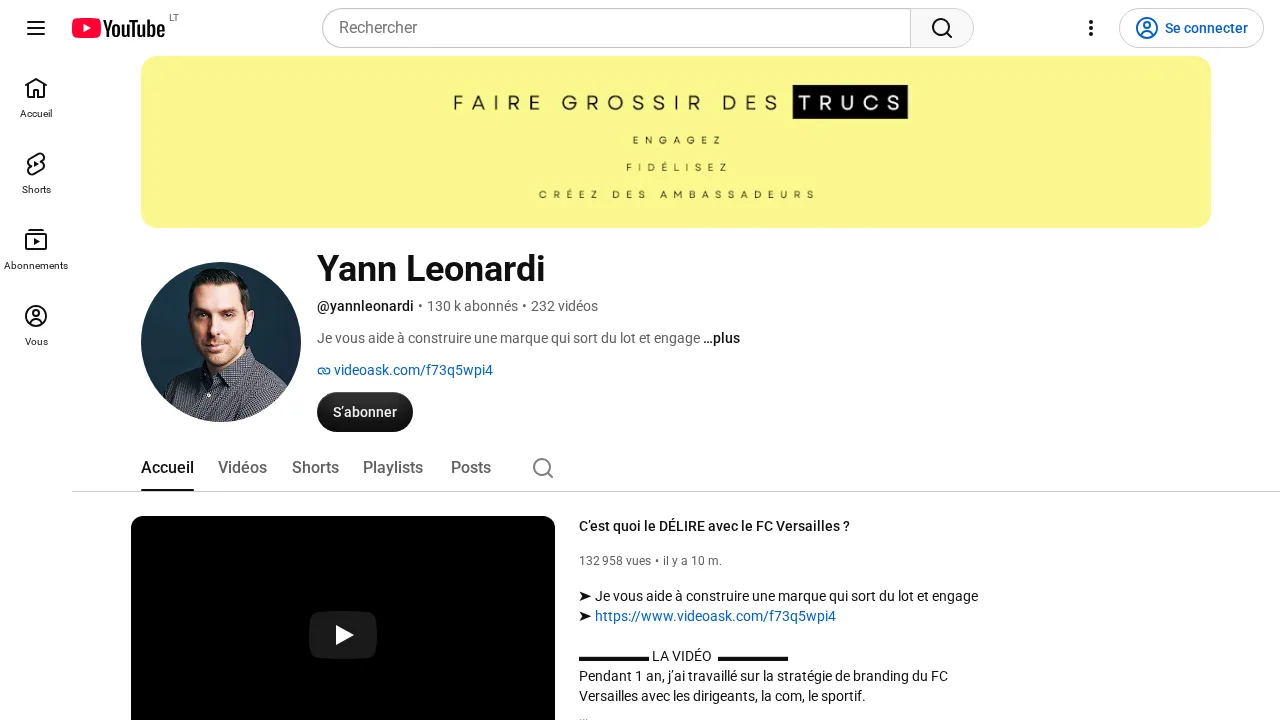 구독자 130000명의 Yann Leonardi YouTube 채널과 Faire grossir des trucs라고 적힌 배너