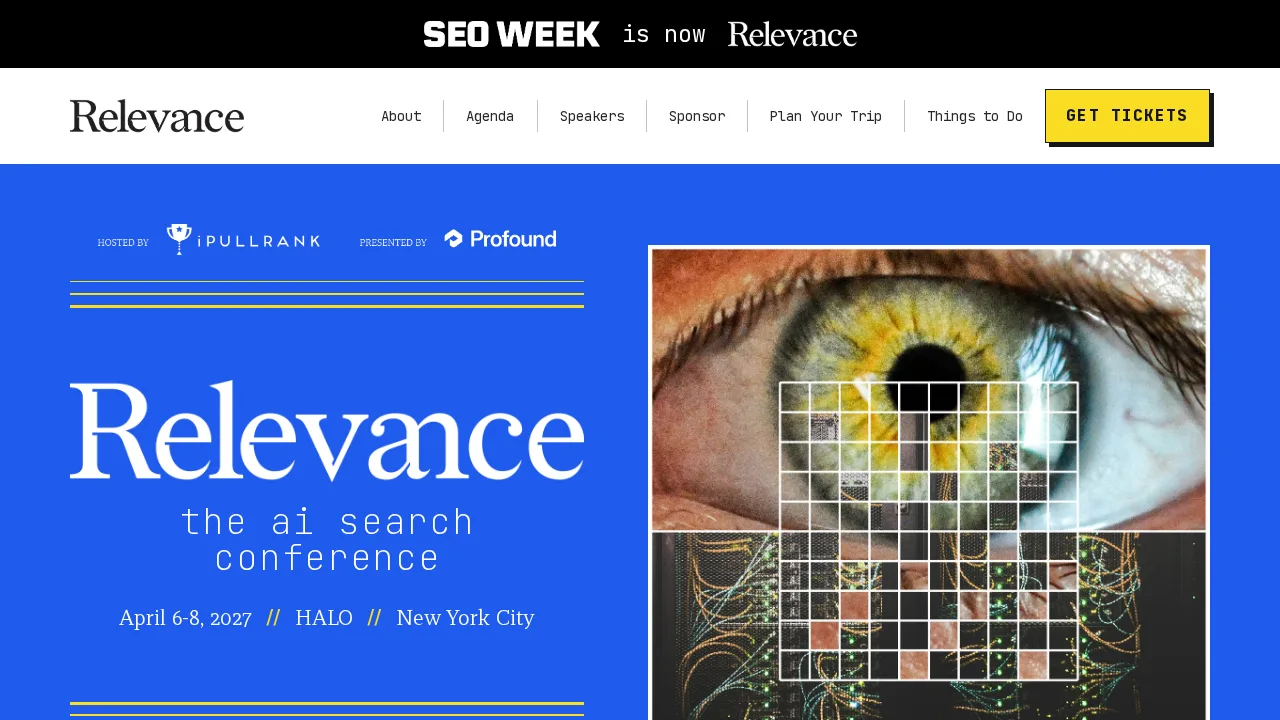 Homepage van Relevance, de nieuwe naam van SEO Week, met de aankondiging van de conferentie over AI-zoeken die iPullRank van 6 tot 8 april 2027 organiseert in HALO in New York City