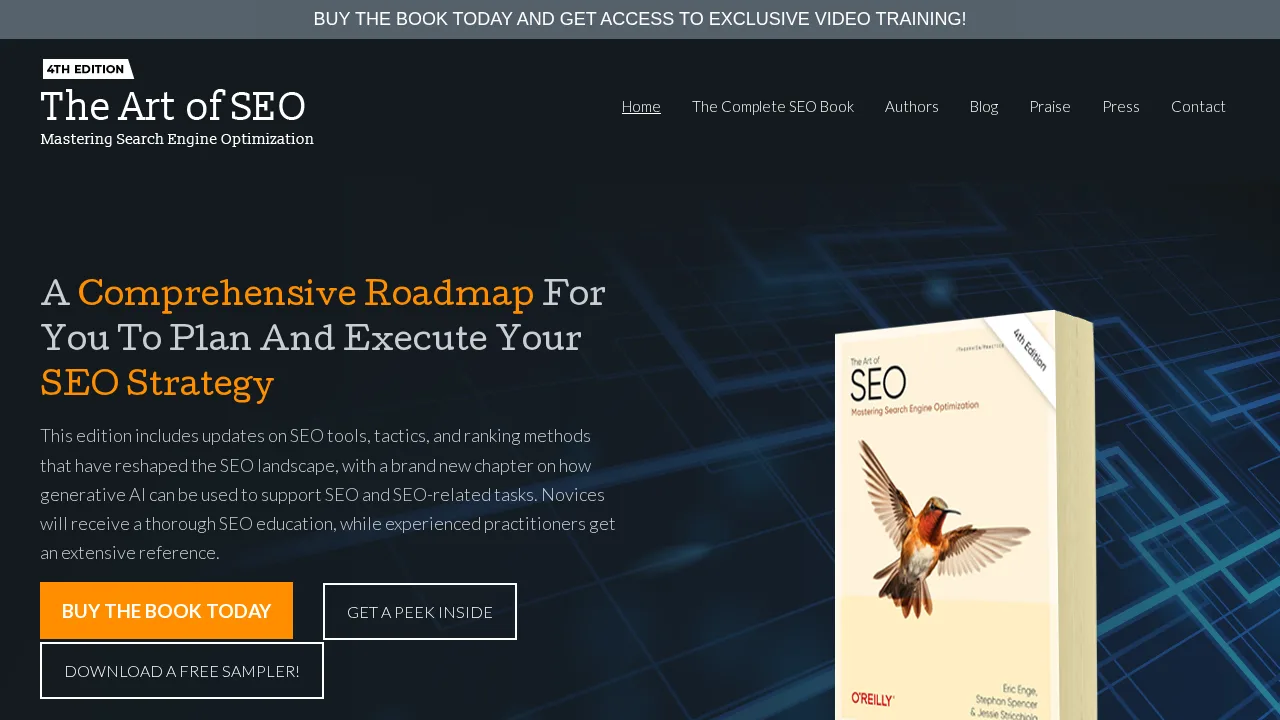 Resmi The Art of SEO web sitesinin ana sayfası; sinekkuşlu 4. baskı kapağı ve kitabı satın alma düğmeleri