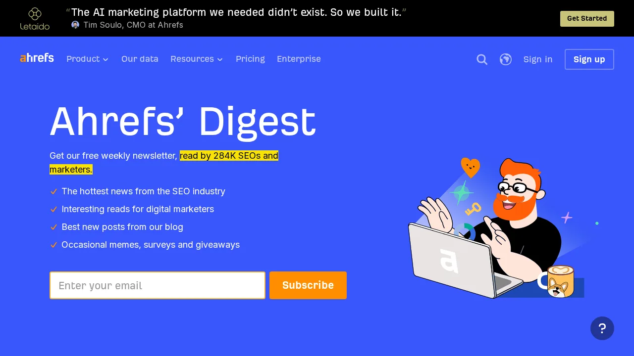 Сторінка Ahrefs' Digest, що представляє безкоштовну щотижневу розсилку, яку читають 284 тис. SEO-фахівців і маркетологів, з формою підписки
