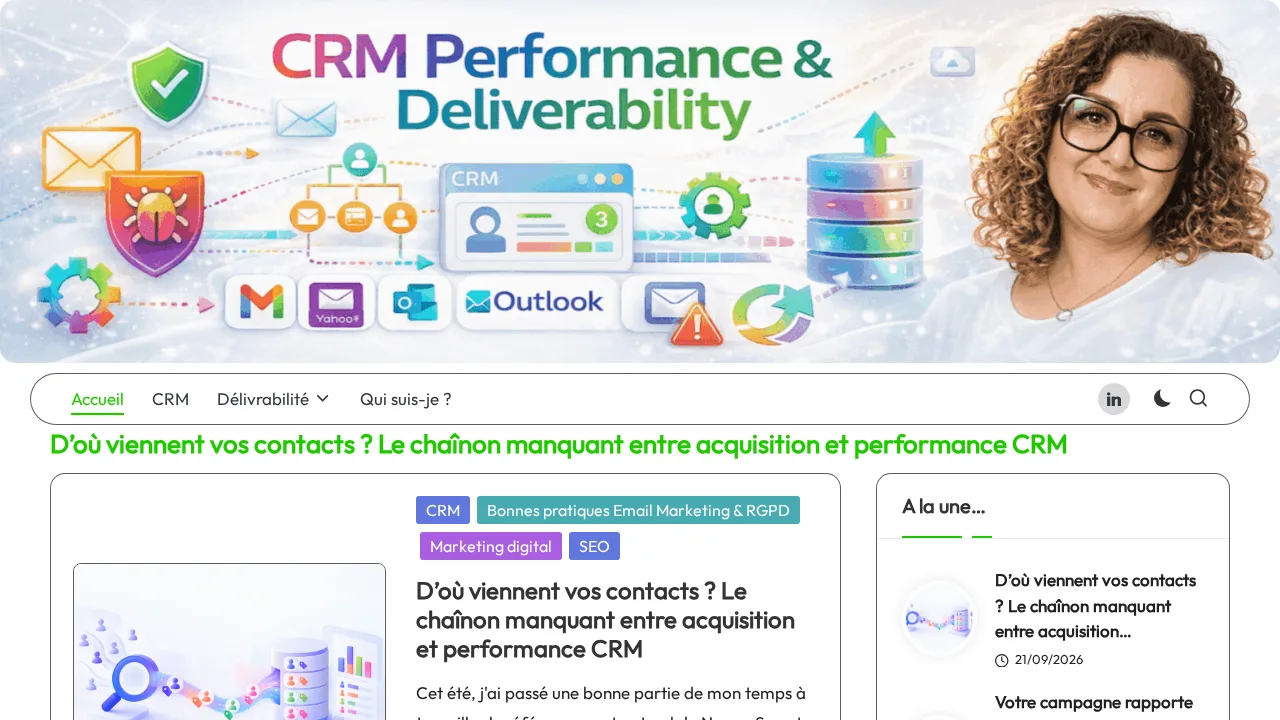 메일박스 로고 배너와 2026년 9월 21일자 글이 보이는 Anne-Claire Fichten의 블로그 CRM Performance and Deliverability