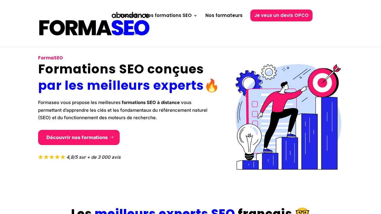 Beranda Formaseo dengan judul Formations SEO conçues par les meilleurs experts dan rating 4,8/5 dari lebih dari 3.000 ulasan