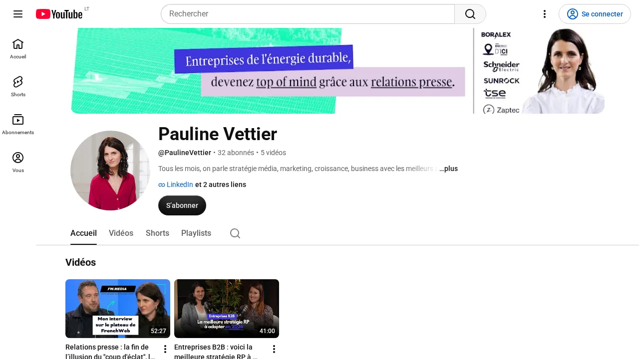 Entreprises de l'énergie durable, devenez top of mind grâce aux relations presse라고 적힌 배너가 있는 Pauline Vettier의 YouTube 채널