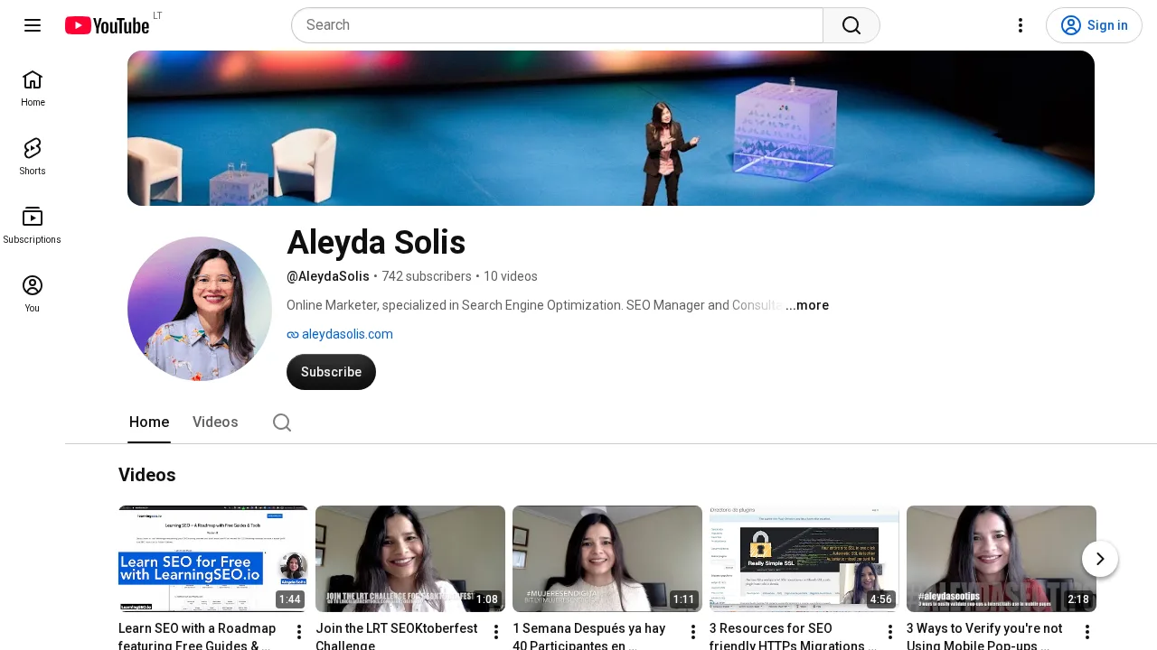 Kanał YouTube Aleydy Solis, z jej zdjęciem profilowym, opisem kanału i najnowszymi filmami