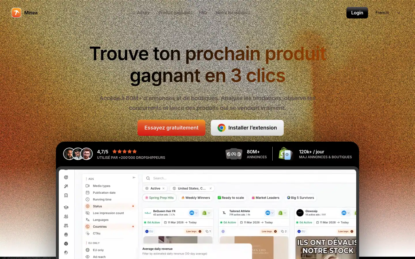 Homepage of the Minea software