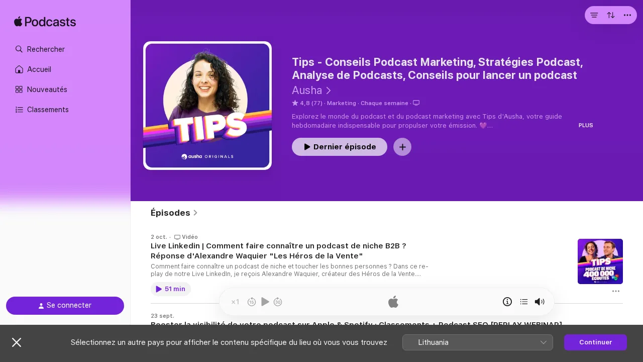 Ausha のポッドキャストマーケティングのアドバイス番組 Tips の Apple Podcasts ページ。紫のカバーに Emma Potier が写っている