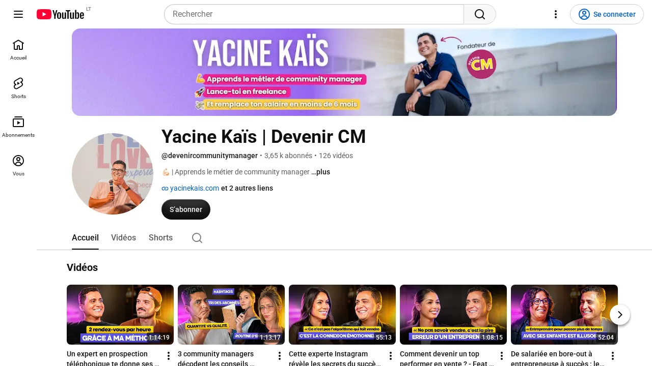 YouTube チャンネル Yacine Kaïs Devenir CM。コミュニティマネージャーの仕事を学び、フリーランスになるよう呼びかけるバナー