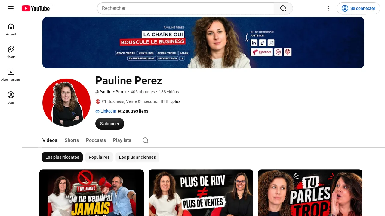 Pauline Perez の YouTube チャンネル。「La chaîne qui bouscule le business」と書かれたバナーと、B2B 営業やプロスペクティングなどのトピック