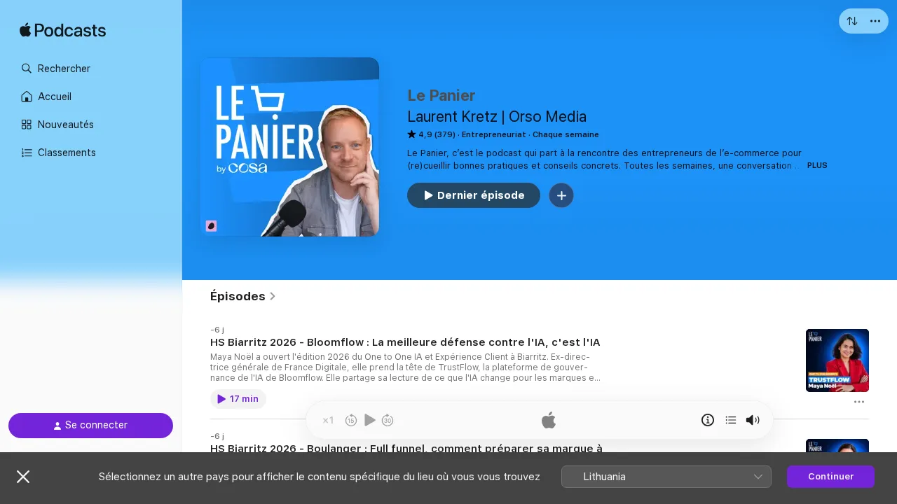 Laurent Kretz의 Le Panier Apple Podcasts 페이지, 리뷰 379개에서 5점 만점에 4.9점, 2026년 Biarritz에서 녹음한 최근 에피소드