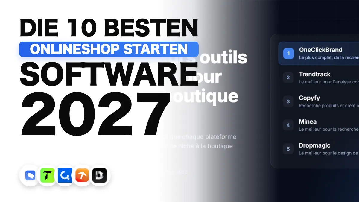 Titelbild des Rankings der 5 besten E-Commerce-Tools für den Shop-Start 2027, mit OneClickBrand auf Platz eins