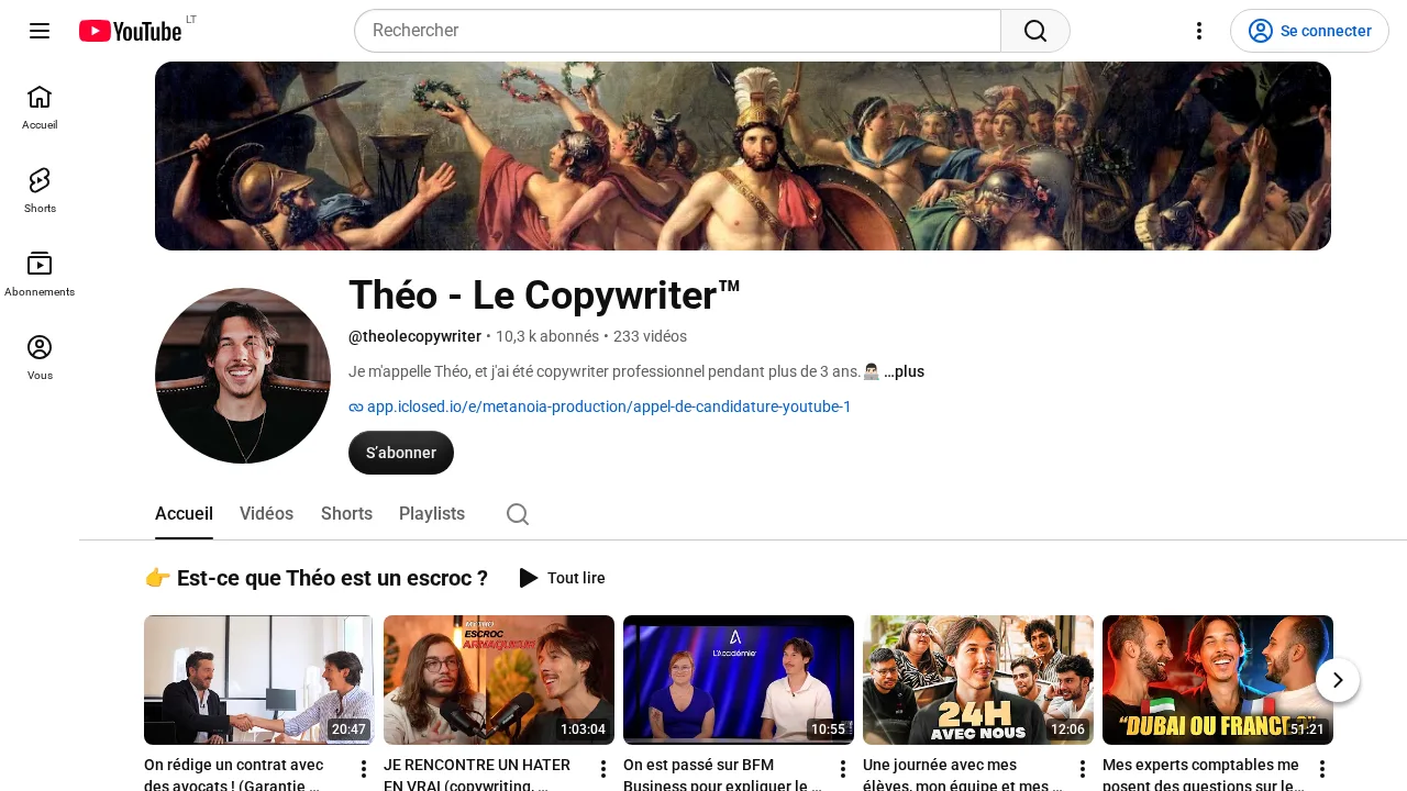 古典絵画をバナーにした Théo Rossi の YouTube チャンネル Théo Le Copywriter