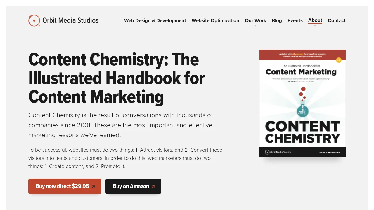 Content Chemistry: The Illustrated Handbook for Content Marketing kitabının Orbit Media Studios sayfası; kitap kapağı ve satın alma düğmeleri