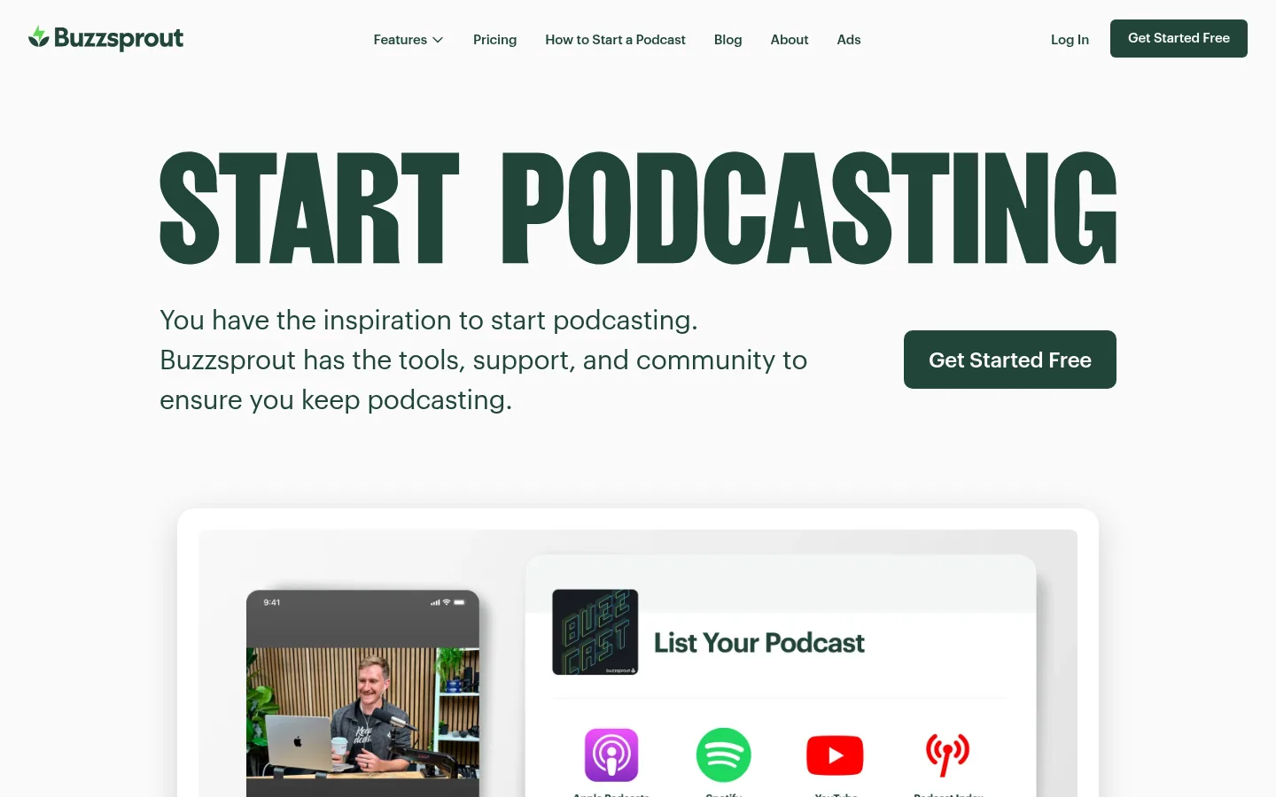 Homepage of the Buzzsprout software