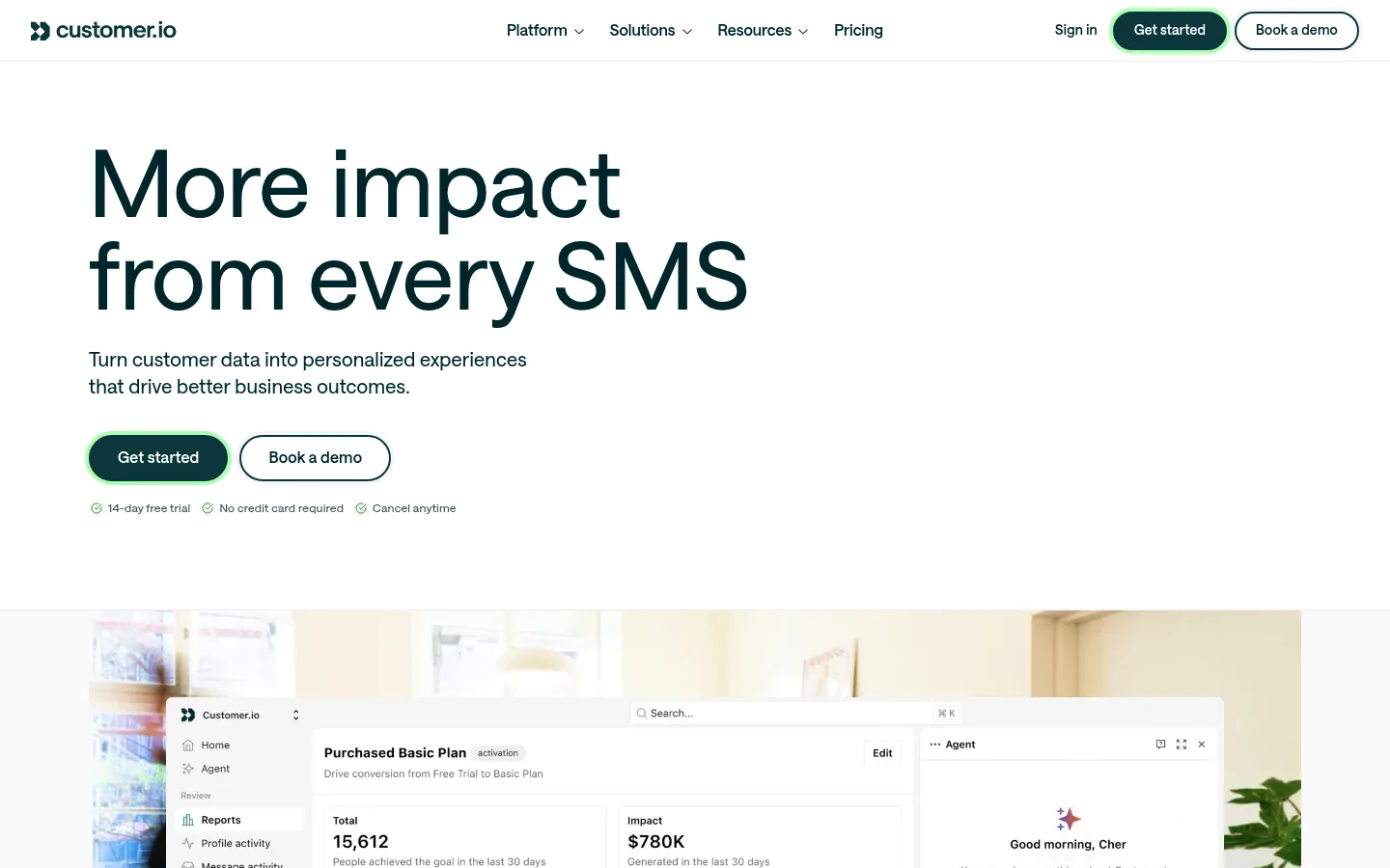 Homepage of the Customer.io software