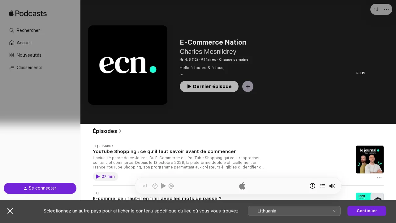 Charles Mesnildrey의 E-Commerce Nation Apple Podcasts 페이지, 리뷰 12개에서 5점 만점에 4.5점, YouTube Shopping을 다룬 최근 에피소드