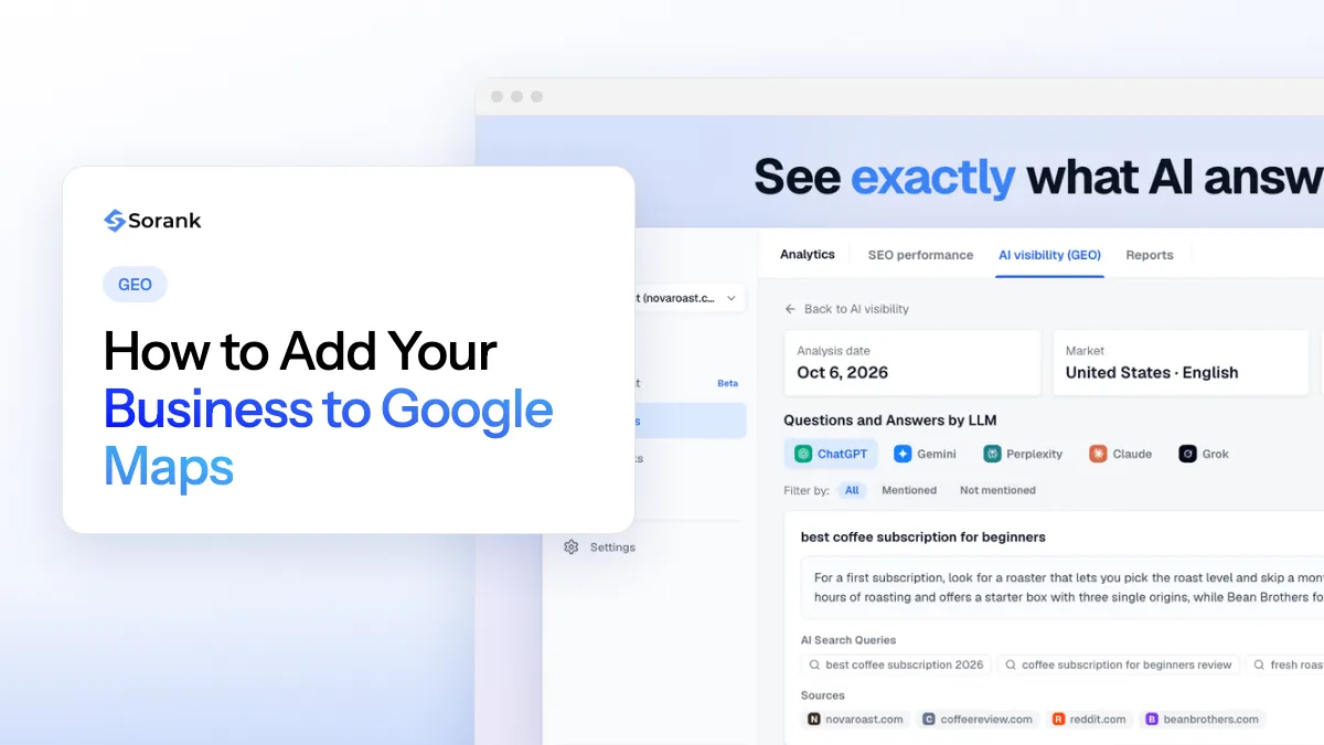 Cover of the article “How to Add Your Business to Google Maps”, with a screenshot of the Sorank software next to the title