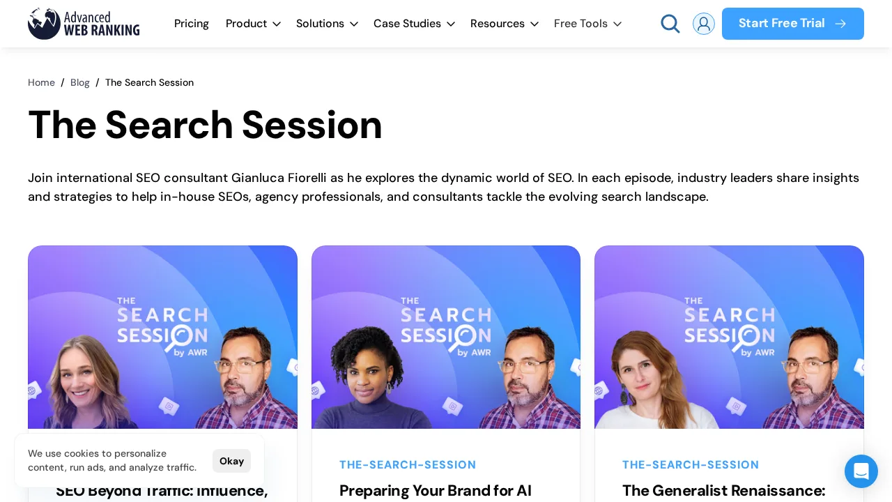 Strona The Search Session na blogu Advanced Web Ranking, z przedstawieniem prowadzącego Gianluki Fiorellego i kartami ostatnich odcinków z gośćmi