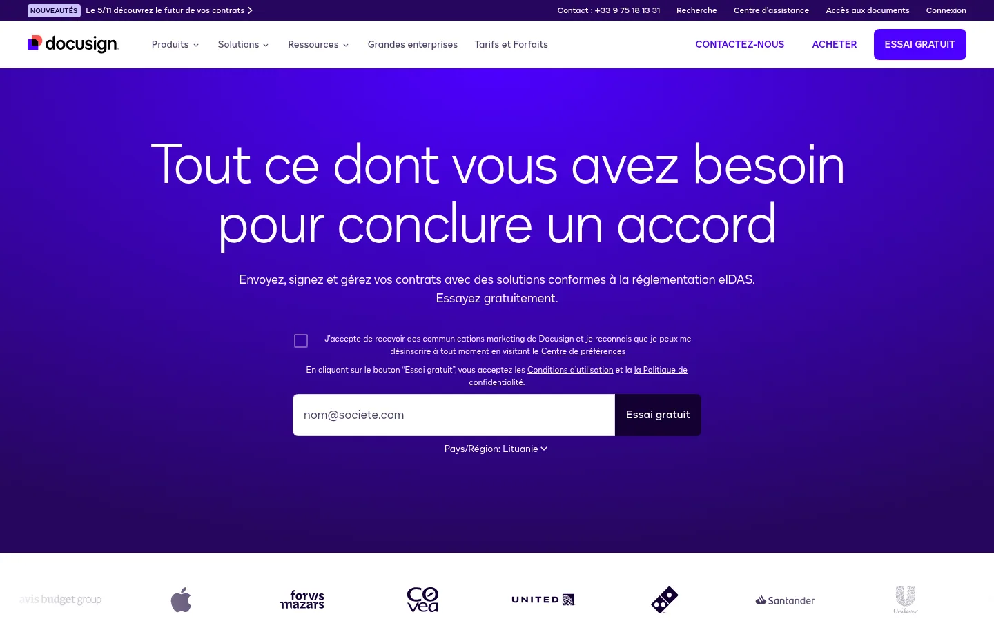 Homepage of the Docusign software