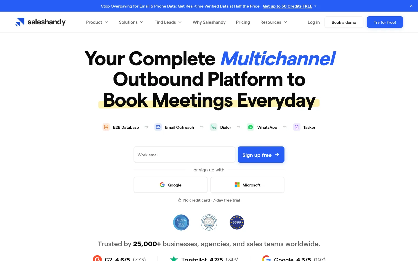 Homepage of the Saleshandy software