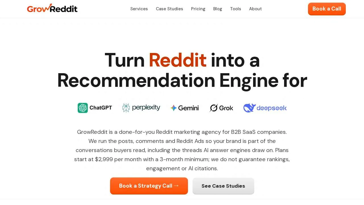 Homepage of the Reddit marketing agency GrowReddit
