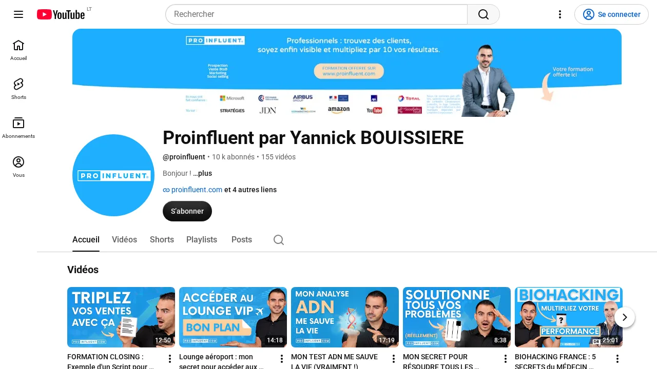고객 찾기와 가시성 확보에 관한 배너가 있는 YouTube 채널 Proinfluent par Yannick Bouissière
