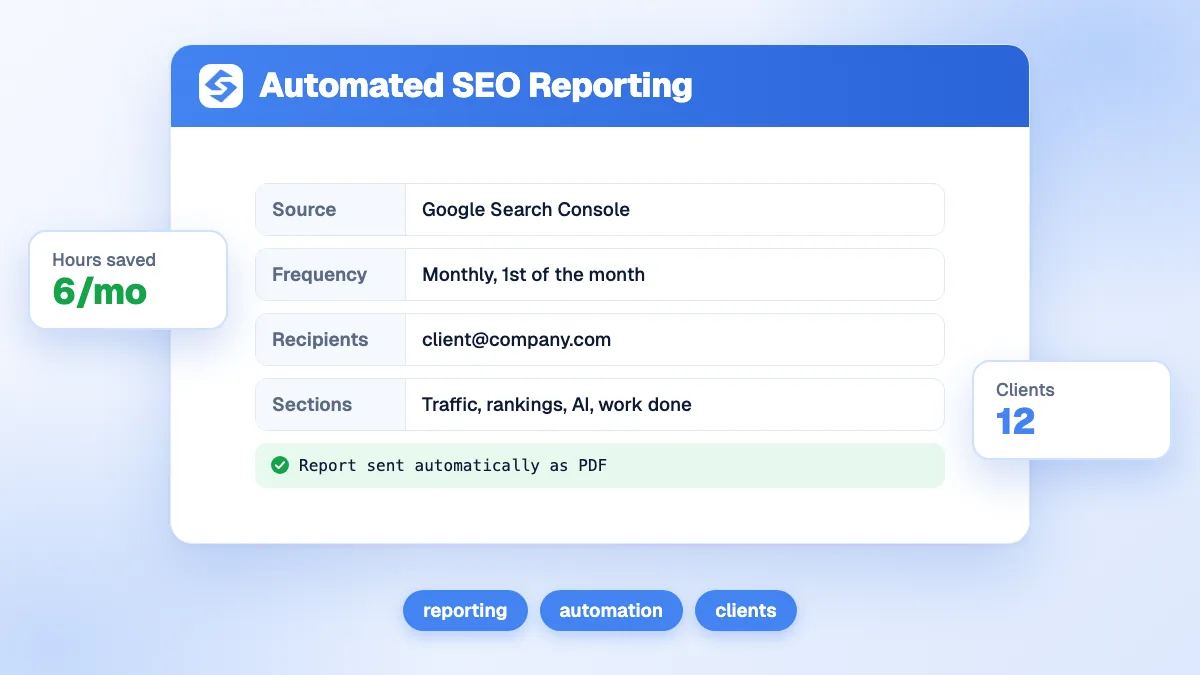 Couverture du guide du reporting SEO automatisé, montrant la configuration d'un rapport envoyé automatiquement en PDF