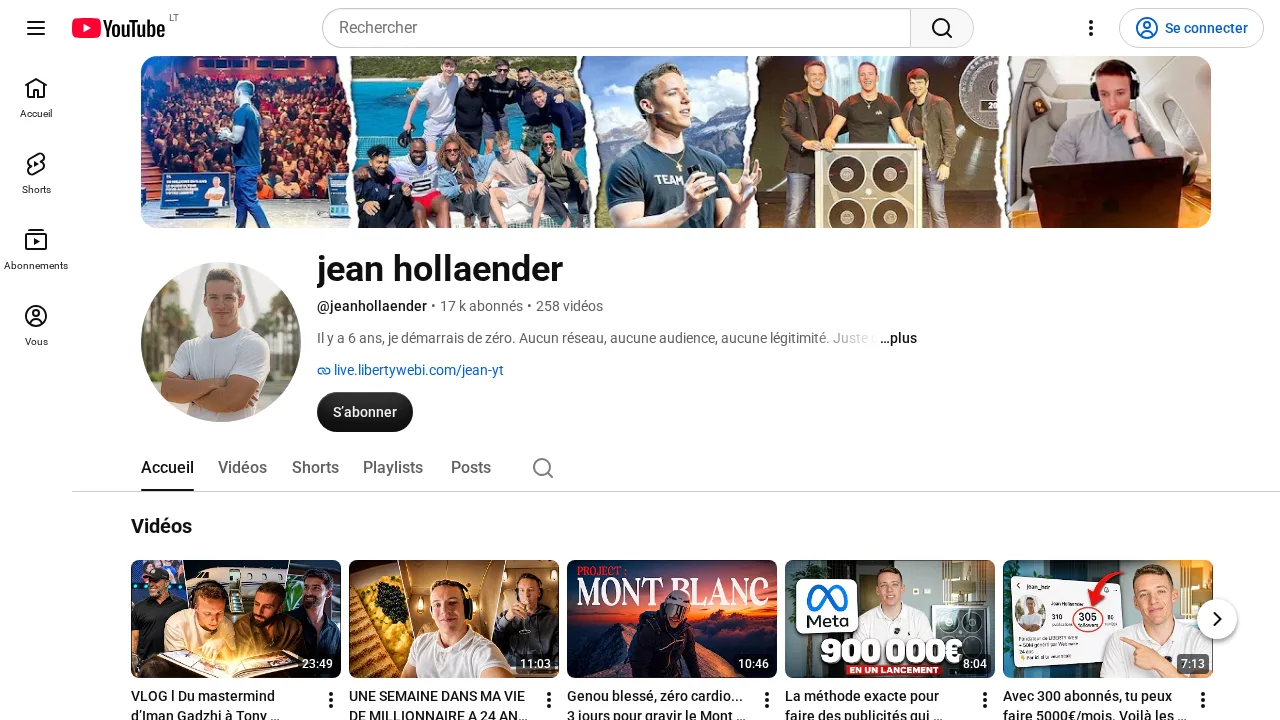 登録者 1.7 万人、動画 258 本で、Liberty Webi へのリンクがある Jean Hollaender の YouTube チャンネル