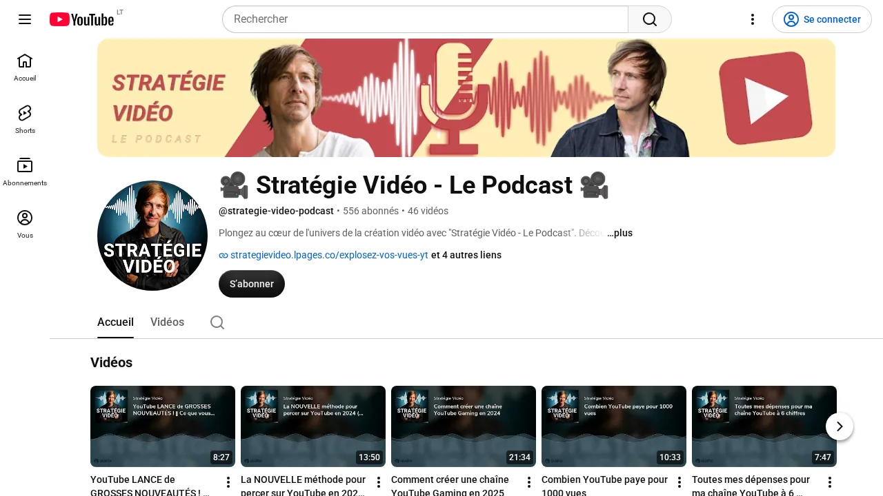 YouTube의 새 기능과 YouTube 채널 성장에 관한 에피소드가 있는 YouTube 채널 Stratégie Vidéo Le Podcast