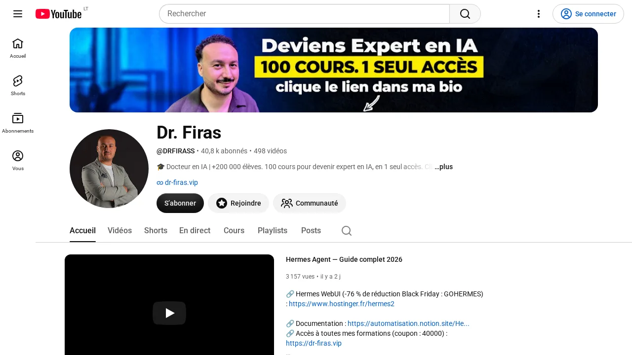 Deviens Expert en IA, 100 cours, 1 seul accès라고 적힌 배너가 있는 Dr. Firas의 YouTube 채널