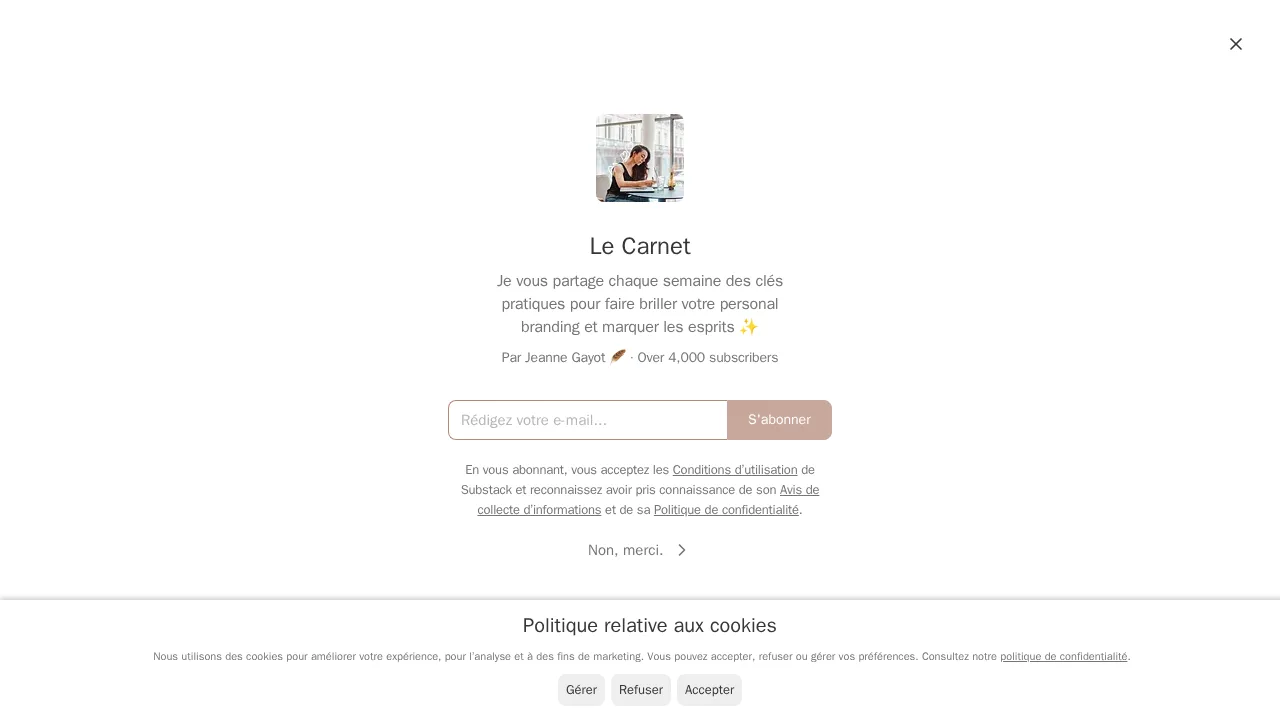 パーソナルブランディングを扱う Jeanne Gayot のニュースレター Le Carnet の登録ページ