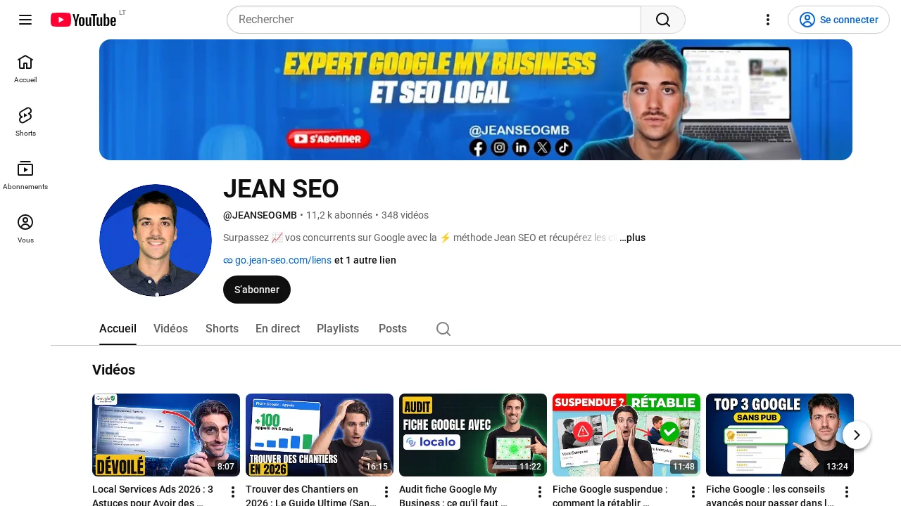 Expert Google My Business et SEO local이라는 문구가 적힌 배너가 있는 Jean SEO의 YouTube 채널