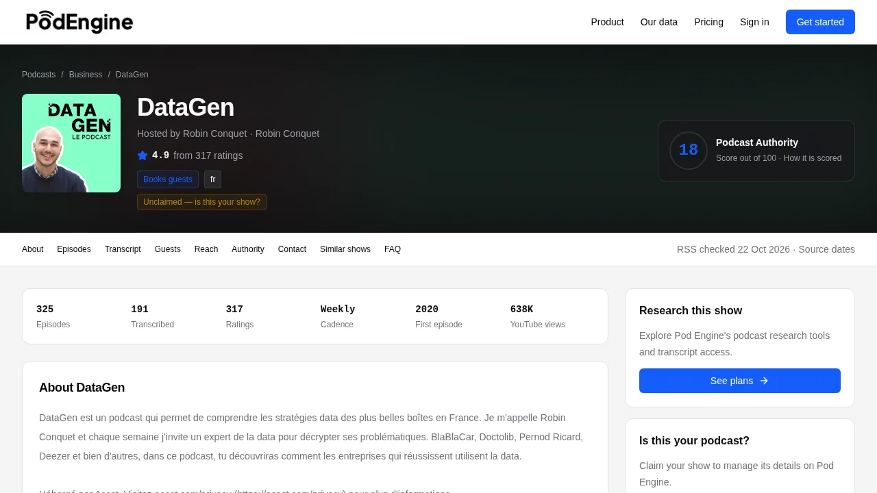 Robin Conquetがホストを務めるDataGenのポッドキャストページ。フランス企業のデータ戦略を扱う週刊番組と説明されている