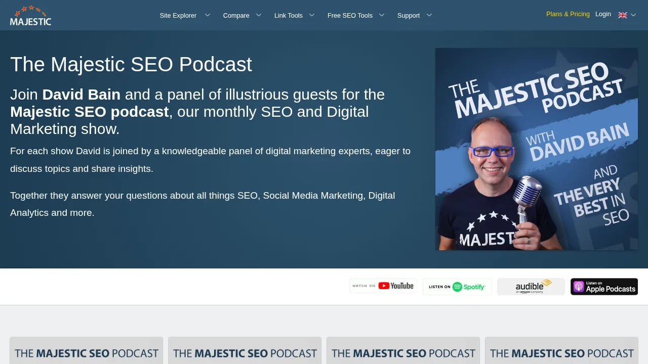 Strona The Majestic SEO Podcast, z przedstawieniem prowadzącego Davida Baina, okładką programu i linkami do YouTube, Spotify, Audible i Apple Podcasts