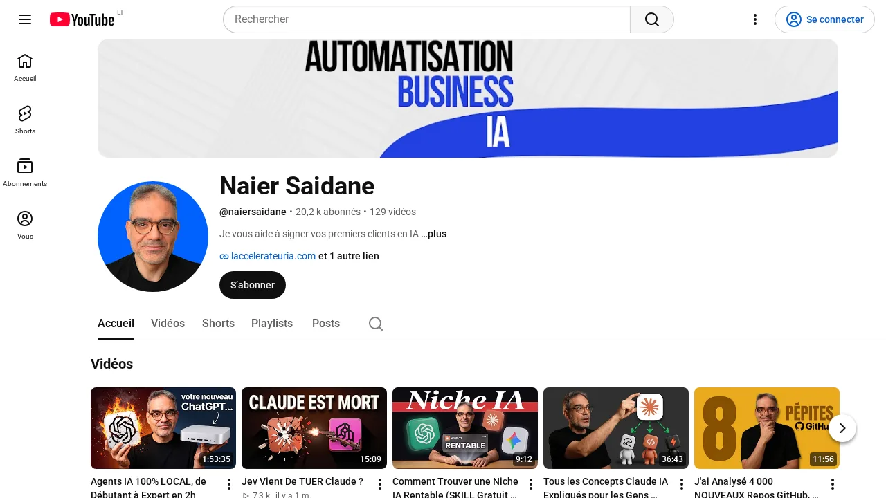 Automatisation Business IA라고 적힌 배너와 AI 에이전트에 관한 최근 영상이 있는 Naier Saidane의 YouTube 채널