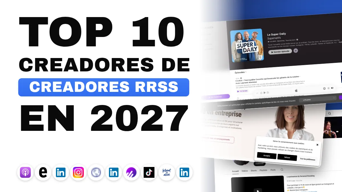 Un smartphone sobre un escritorio que muestra un feed de redes sociales, junto a unos auriculares que reproducen un pódcast y un portátil abierto en una newsletter, con notas en un cuaderno al lado.