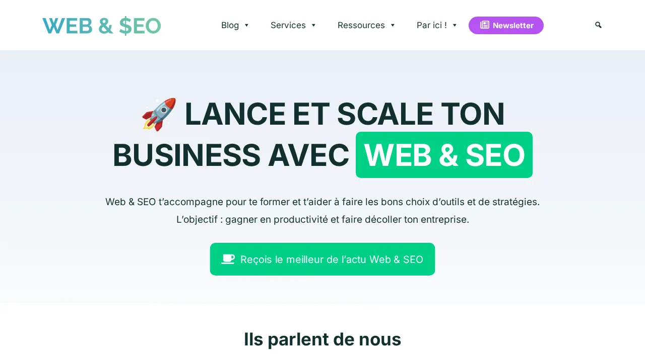 ブログ Web & SEO のホームページ。Lance et scale ton business avec Web & SEO という見出しと Newsletter ボタンがある