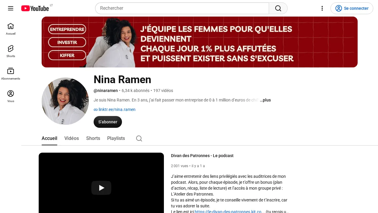女性起業家を支援することをテーマにした赤いバナーがある Nina Ramen の YouTube チャンネル