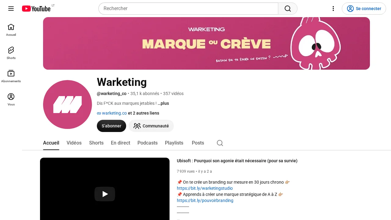 Olivier Gruère の YouTube チャンネル Warketing。Marque ou crève と書かれたバナーと登録者 35.1k 人の表示